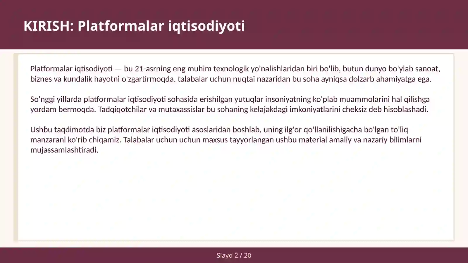 PLATFORMALAR IQTISODIYOTI 2