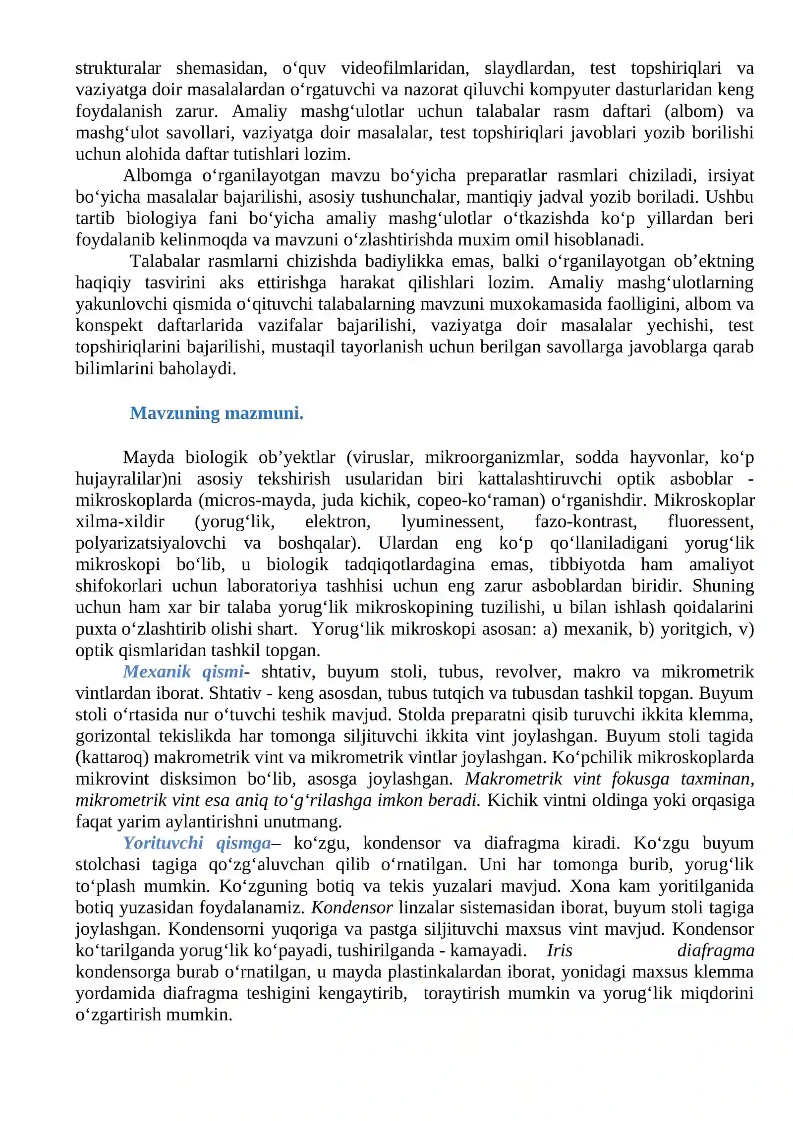 MIKROSKOP. MIKROSKOP BILAN ISHLASH QOIDASI. VAQTINCHALIK PREPARATLAR TAYORLASH 2