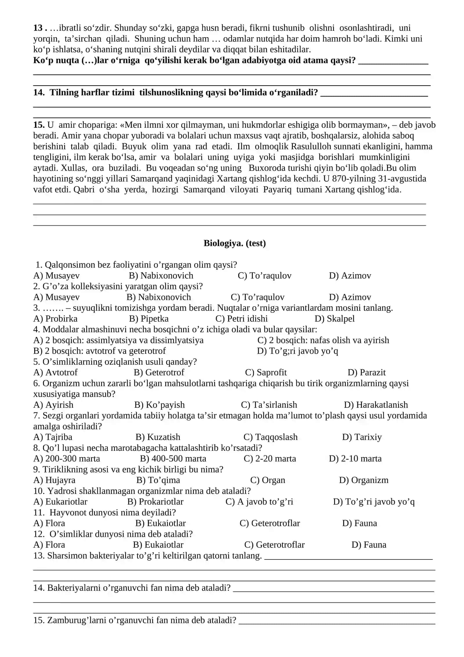 5-sinf. Ona tili va adabiyoti. (test) 2