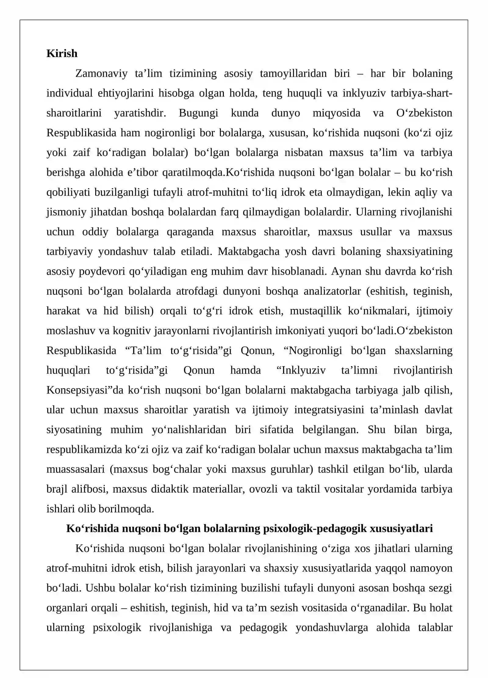 Ko‘rishida nuqsoni bo‘lgan bolalar uchun maktabgacha tarbiya muassasalari faoliyati 2
