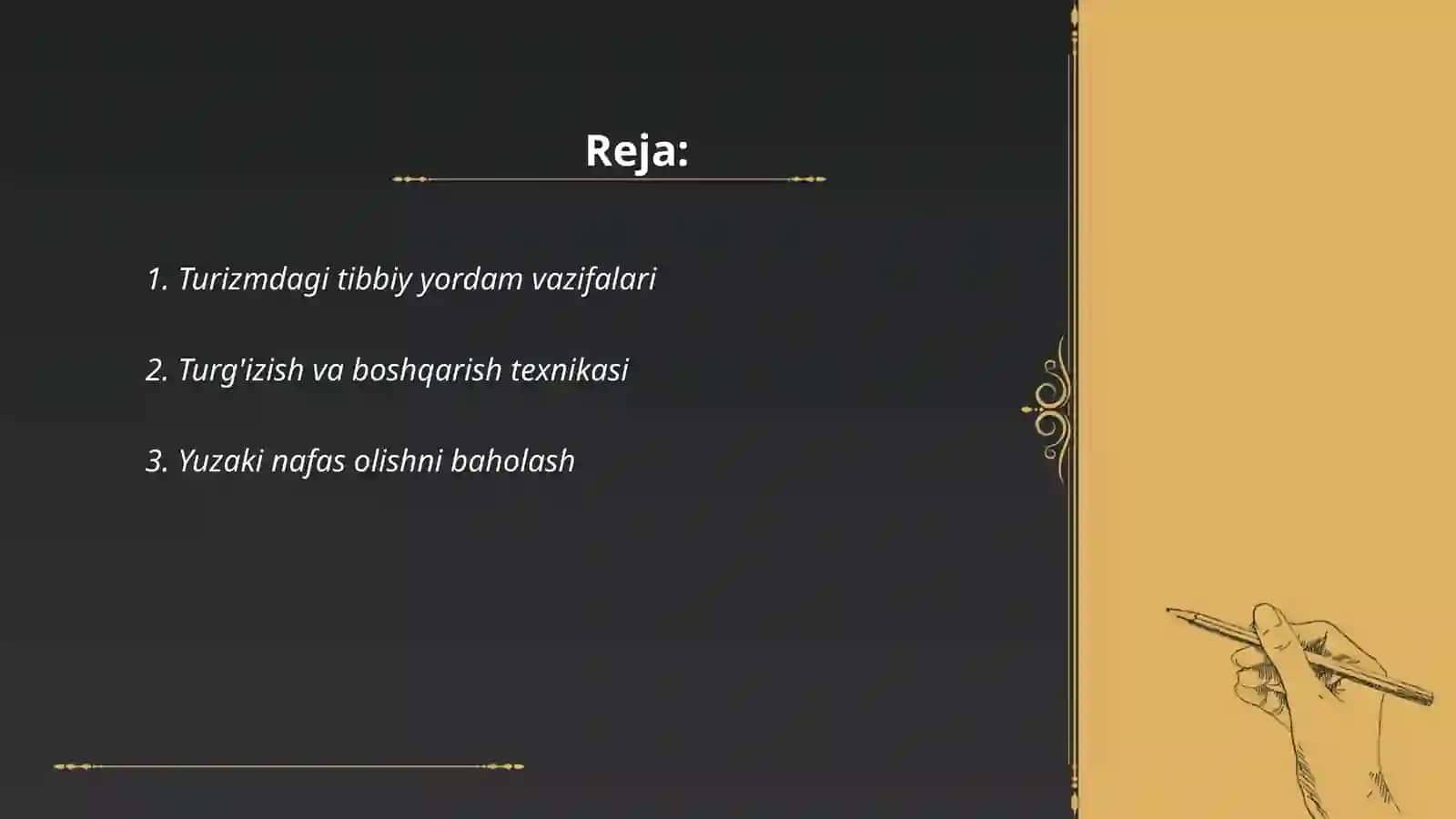 Turizmda hushdаn kеtishdа ekskursаntga birinchi yordam ko‘rsatishni amalda ko‘rsatib berish 2