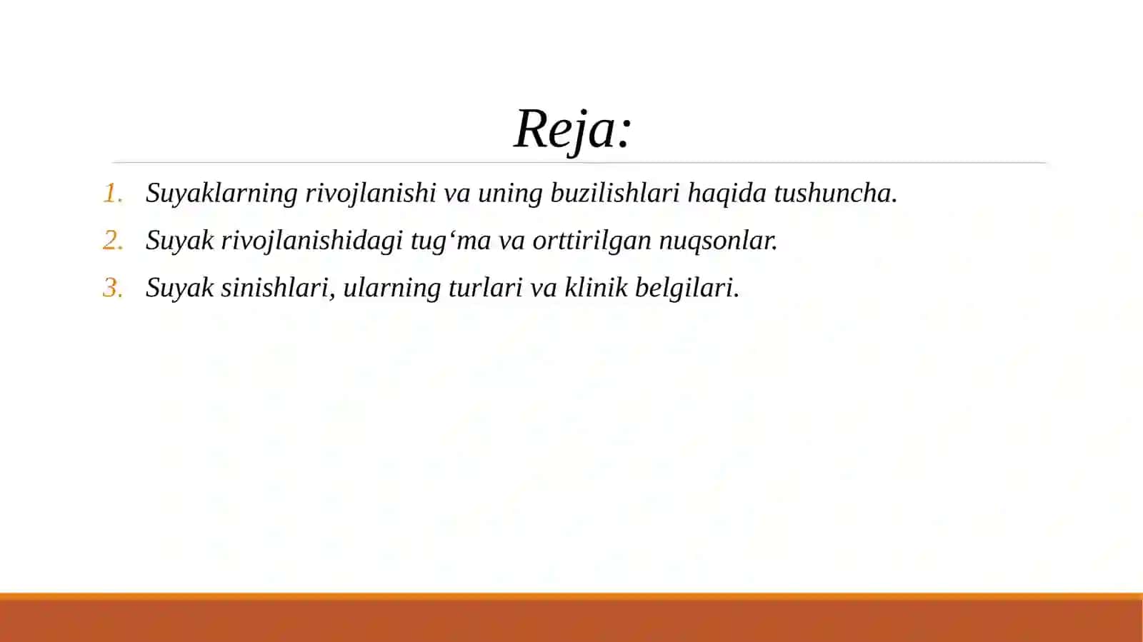 Suyaklarni rivojlanishini buzilishlari. Sinishlar. Osteonekroz kasalligini o‘ziga xosiliklarini tahlil qilish. 2