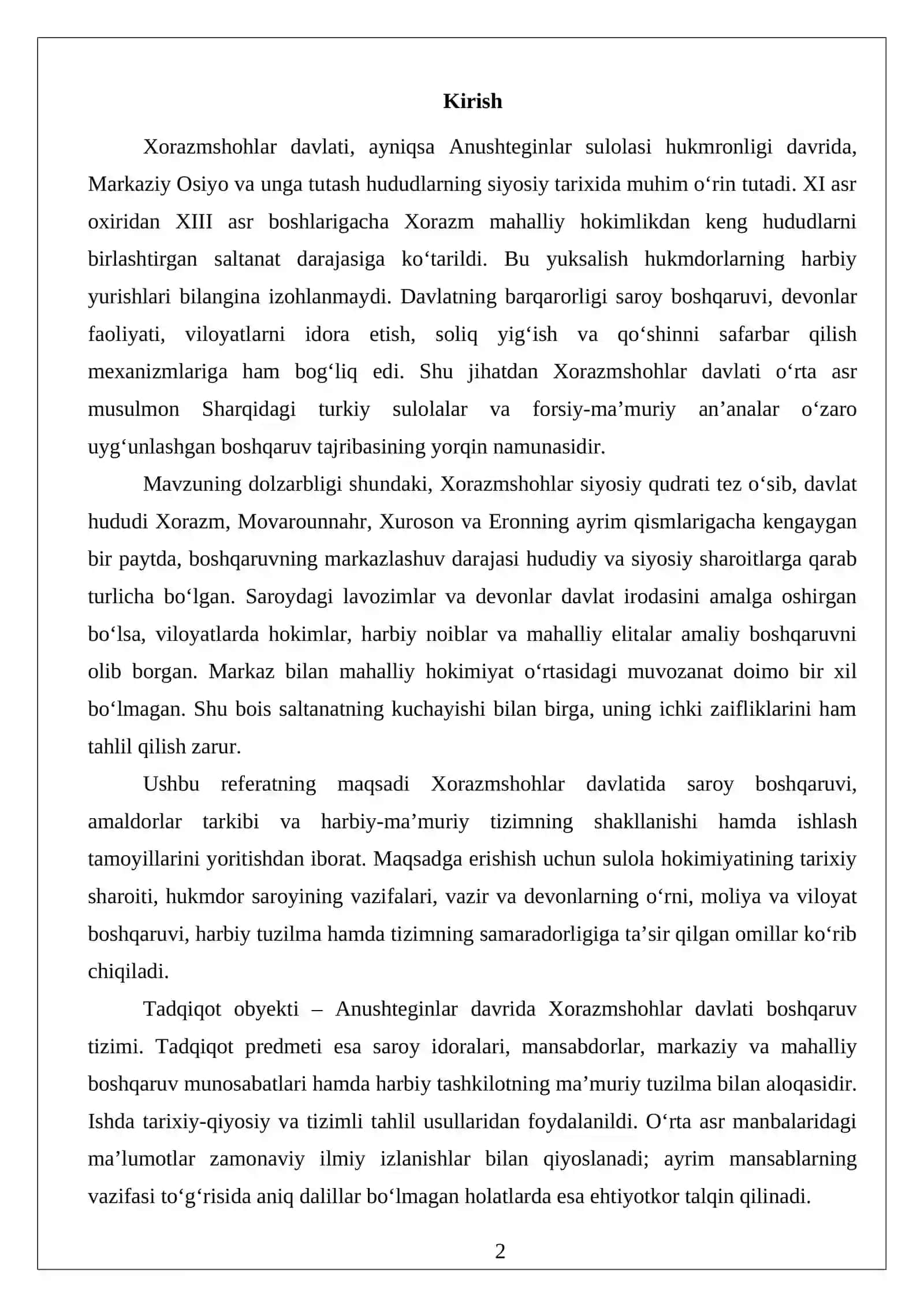 XORAZMSHOHLAR DAVLATIDA SAROY BOSHQARUVI, AMALDORLAR VA HARBIY-MA’MURIY TIZIM 2