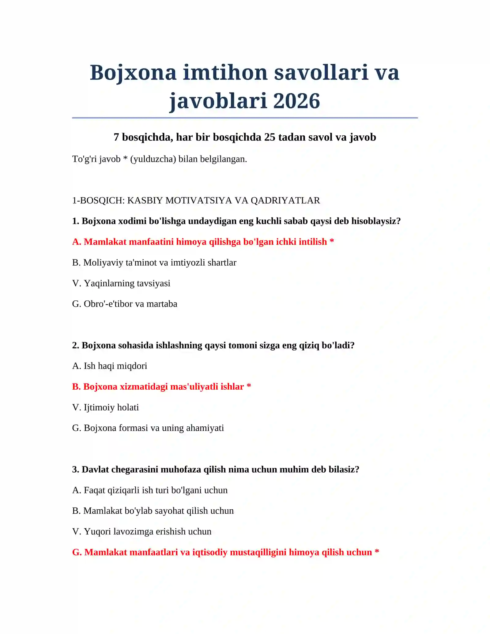 Bojxona imtihon savollari va javoblari 2026 2