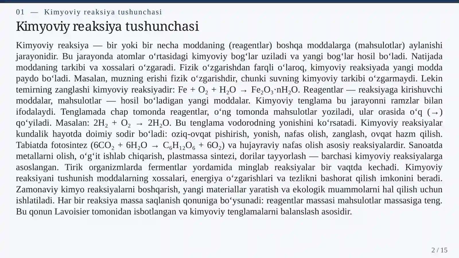 KIMYOVIY REAKSIYALAR: TURLARI, MEXANIZMLARI VA REAKSIYA TEZLIGIGA TA’SIR ETUVCHI OMILLAR 2