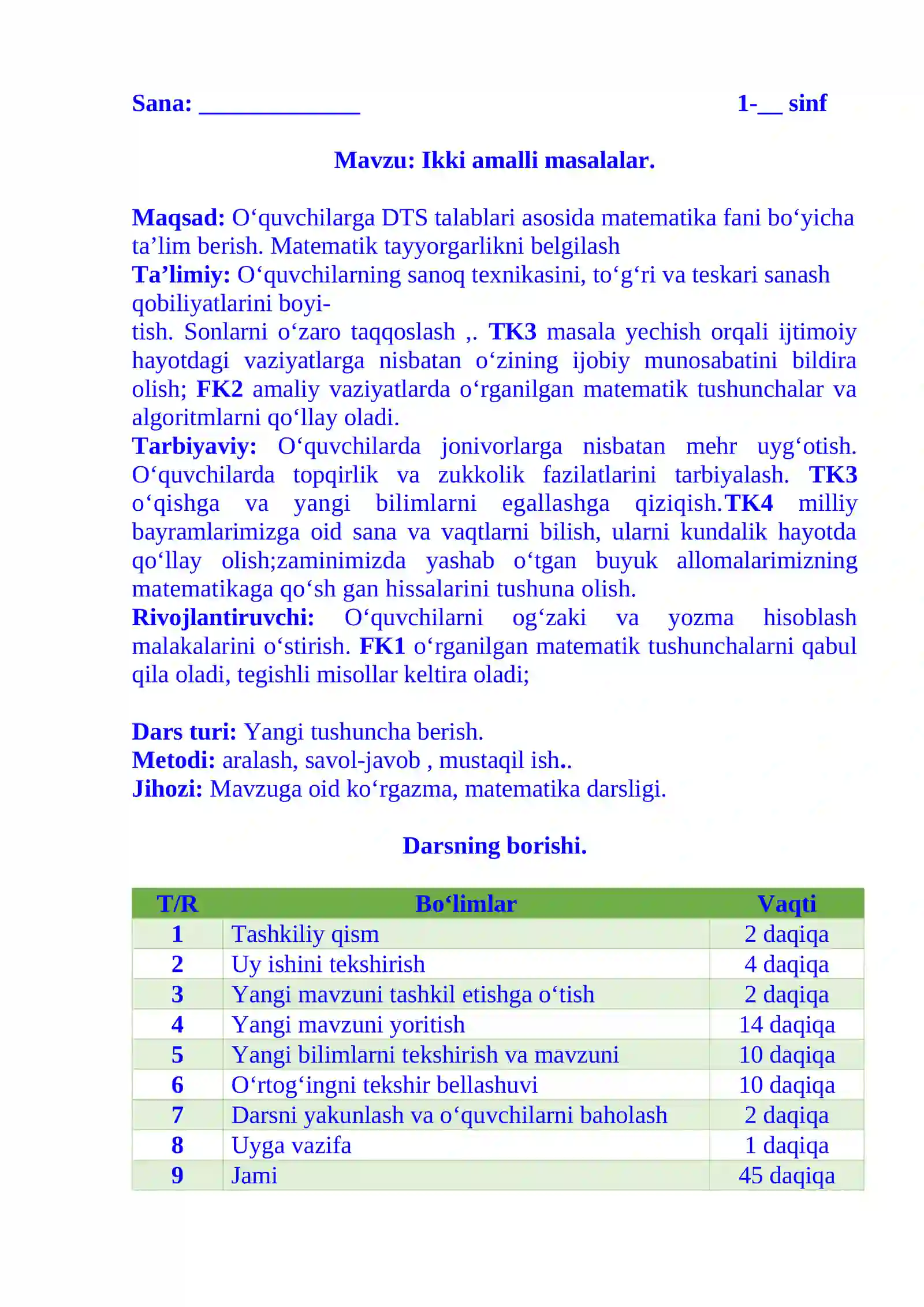 1-sinf matematika Ikki xonali amalli masalalar dars ishlanma 2