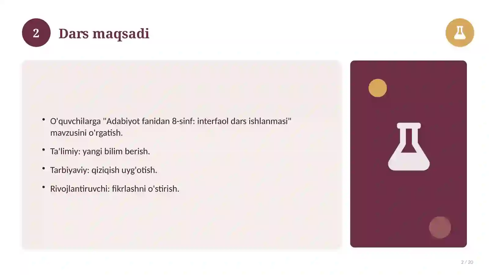 Adabiyot fanidan 8-sinf: interfaol dars ishlanmasi 2
