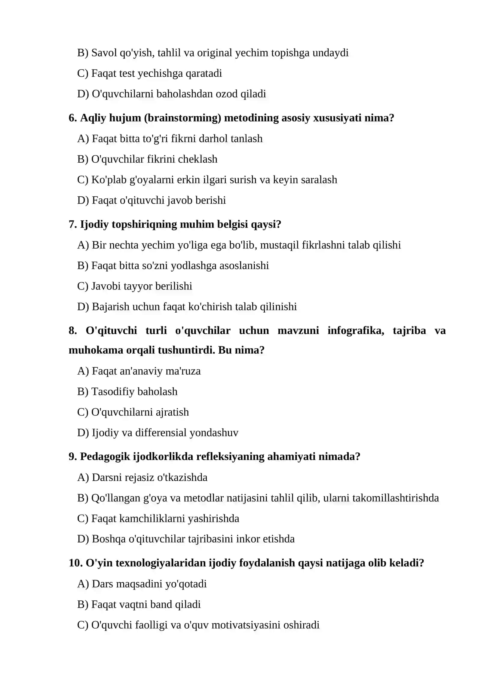 Pedagogik ijodkorlik va uning o'qituvchi faoliyatidagi ahamiyati TEST 2