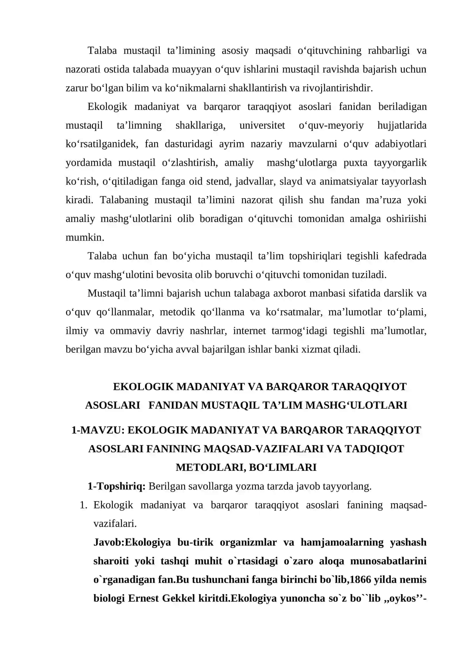 EKOLOGIK MADANIYAT VA BARQAROR TARAQQIYOT ASOSLARI FANIDAN 2