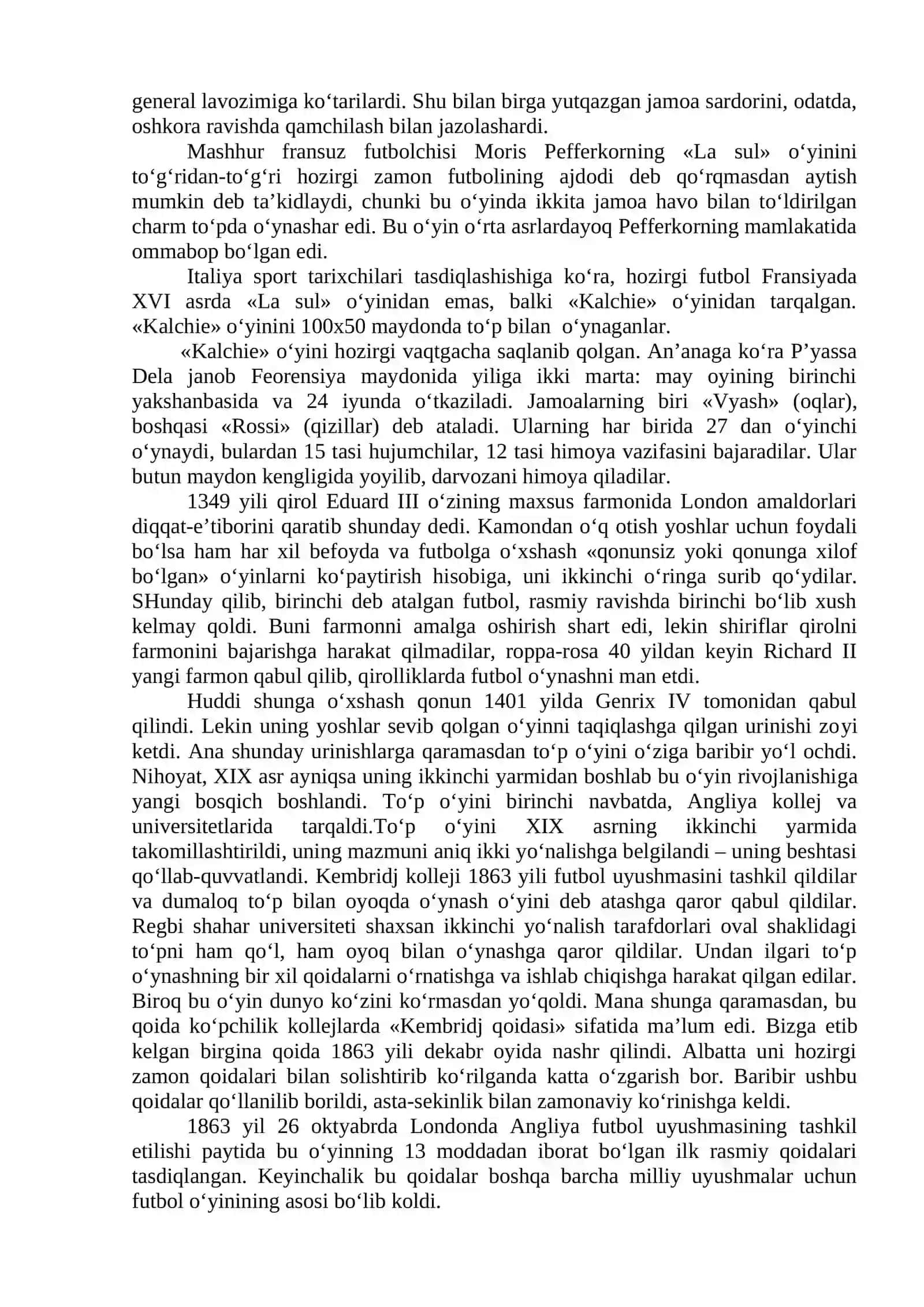 Futbol oʻyinining kelib chiqishi, qoidalari va rivojlanishi tarixi, o‘yin texnikasi va taktikasining tasnifi 2