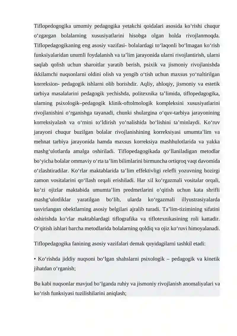 Tiflopedagogika Fanining Predmeti, Maqsadi va Vazifasi va Metodlari 2