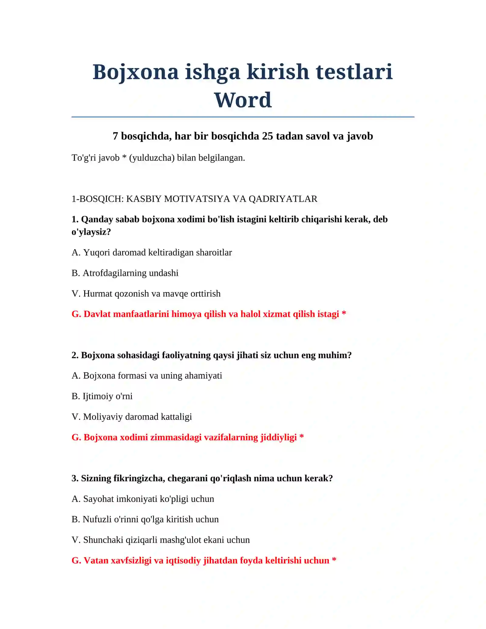 Bojxona ishga kirish testlari Word 2