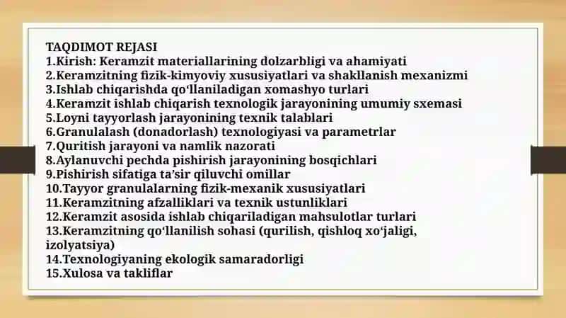 KERAMZIT MATERIALLARNI ISHLAB CHIQARISH TEXNOLOGIYASI TAQDIMOTREJASI 2