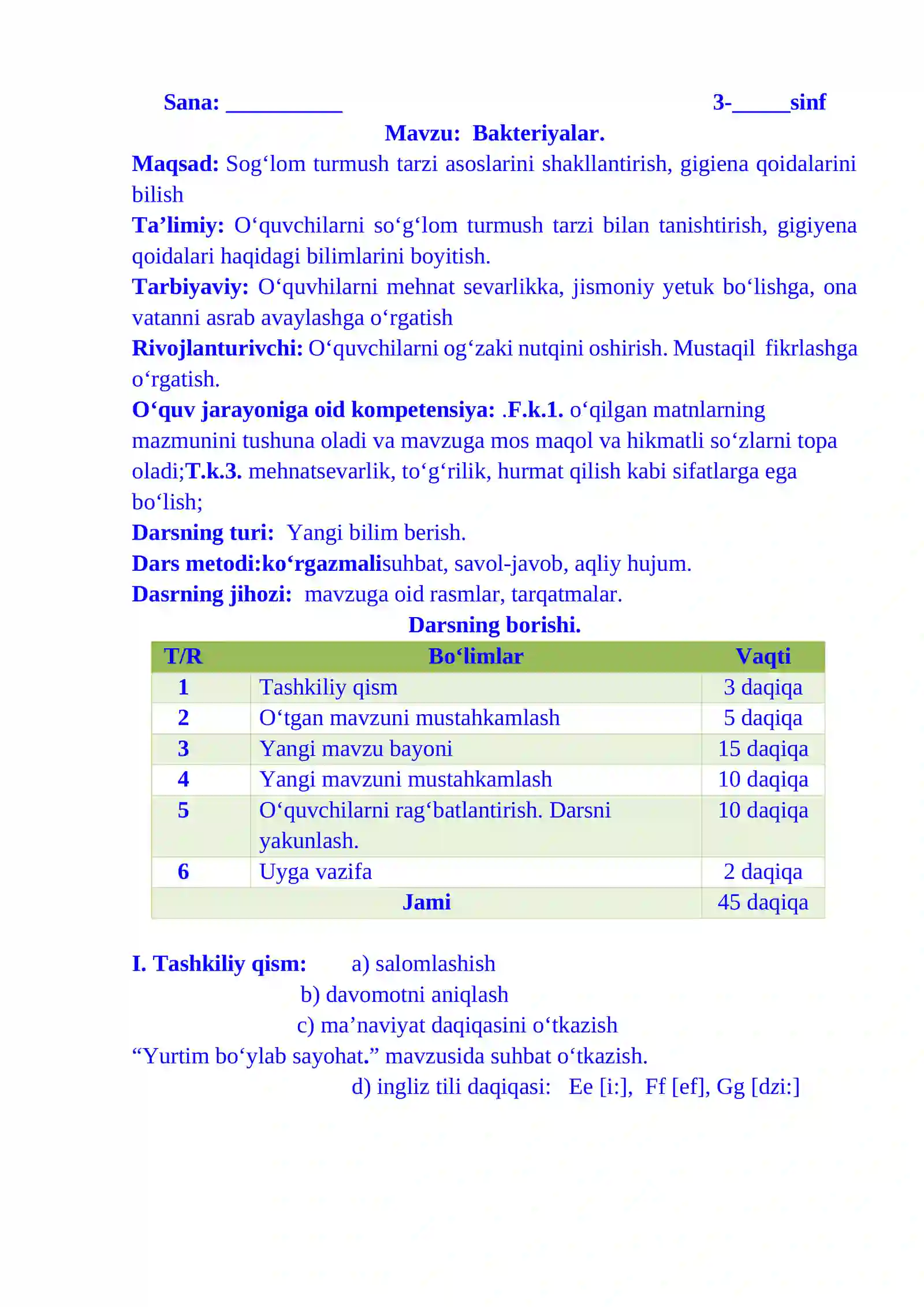 3-sinf Tabiiy fandan Bakteriyalar mavzusida 1-chorak dars ishlanmasi 2