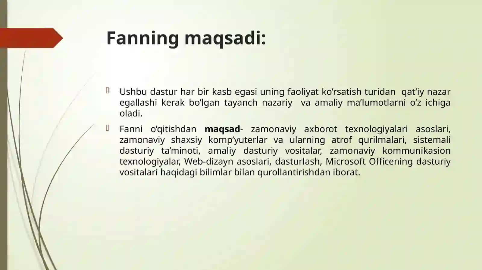 Axborot texnologiyalari fanining predmeti, maqsadi va vazifalari 2