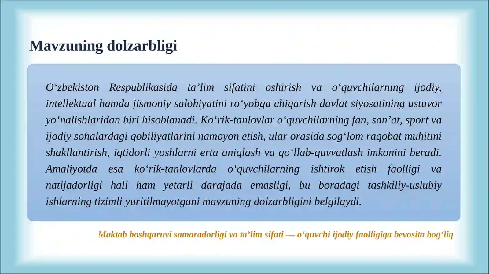 “Ko‘rik-tanlovlarda maktabo‘quvchilariningishtiroketishsamaradorliginioshirish” tanlov topshiriq 2