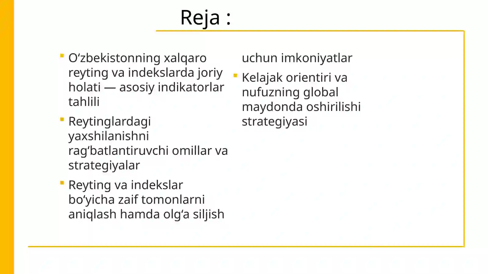 O‘zbekistonning xalqaro reyting va indekslardagi o‘rnini tushuntirish uchun nazoratni muvofiqlashtirish 2