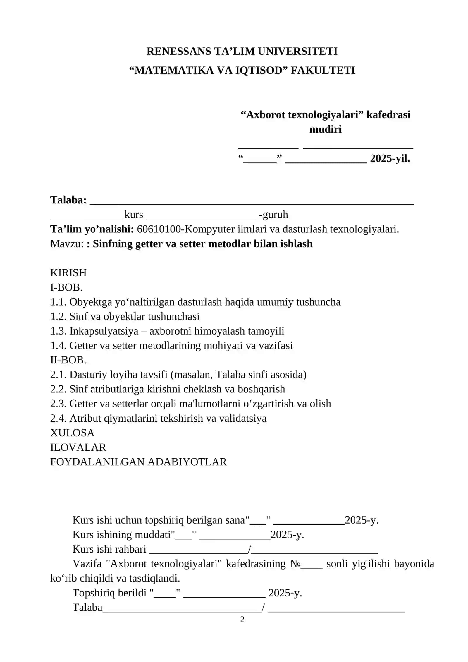 Mavzu: Sinfning getter va setter metodlar bilan ishlash 2