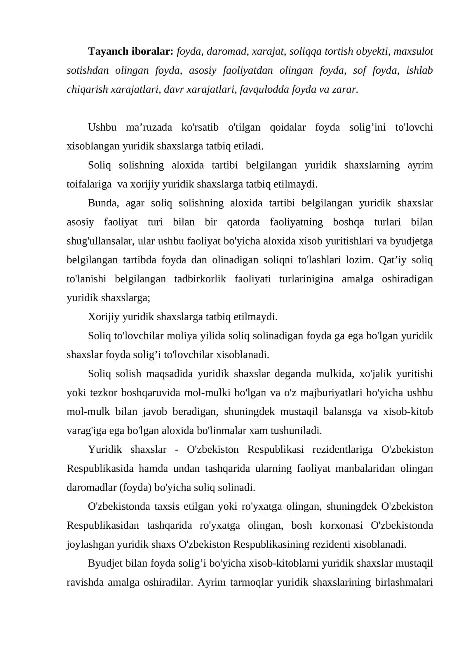 Yuridik shaxslardan olinadigan foyda solig’i 2