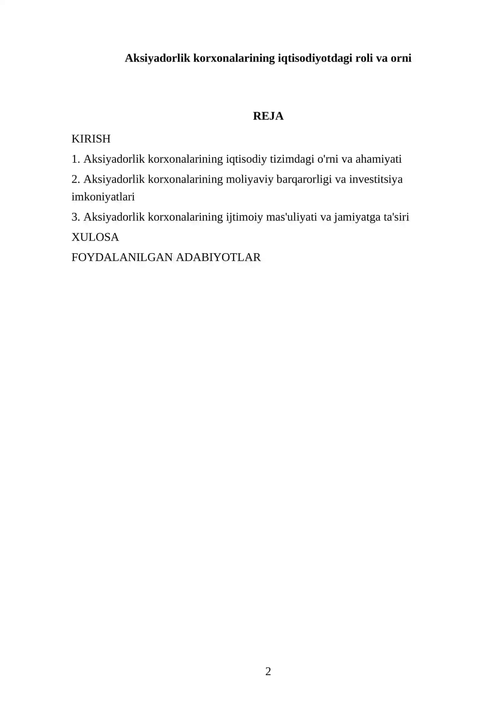 Mavzu: Aksiyadorlik korxonalarining iqtisodiyotdagi roli va orni 2