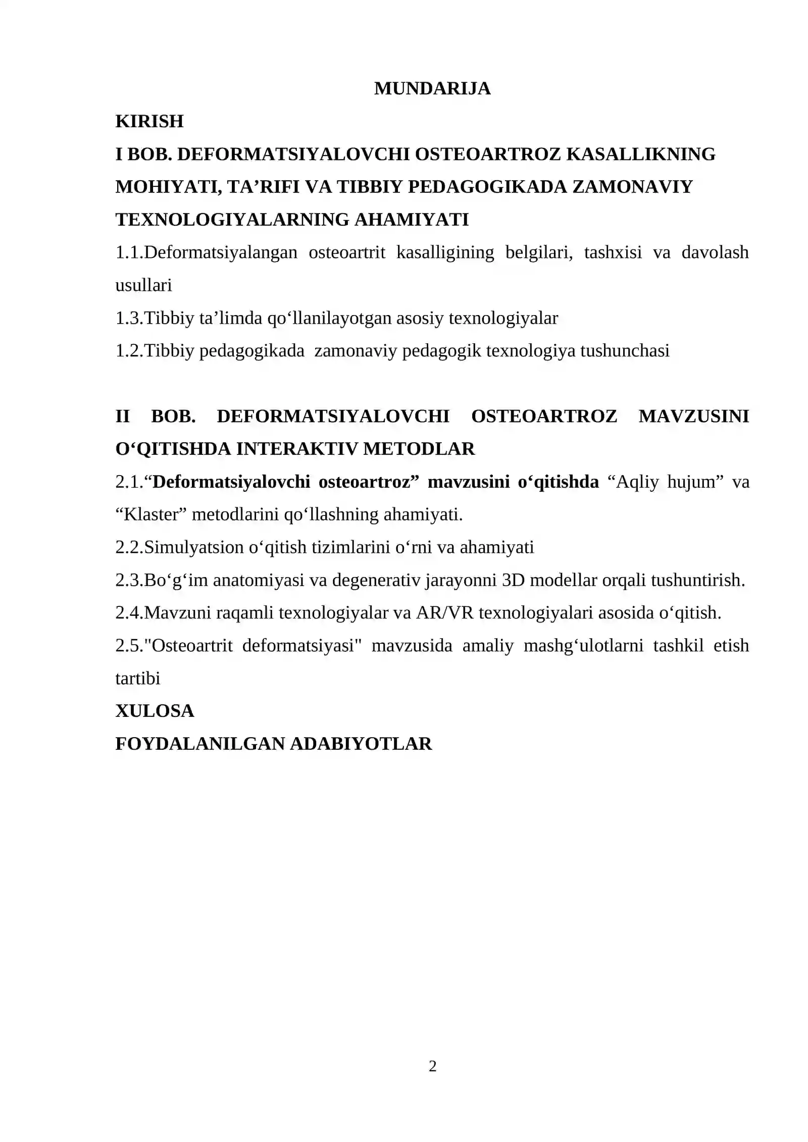 “Deformatsiyalovchi osteoartroz”  mavzusini o‘qitishda yangi pedagogik texnologiyalardan foydalanish 2