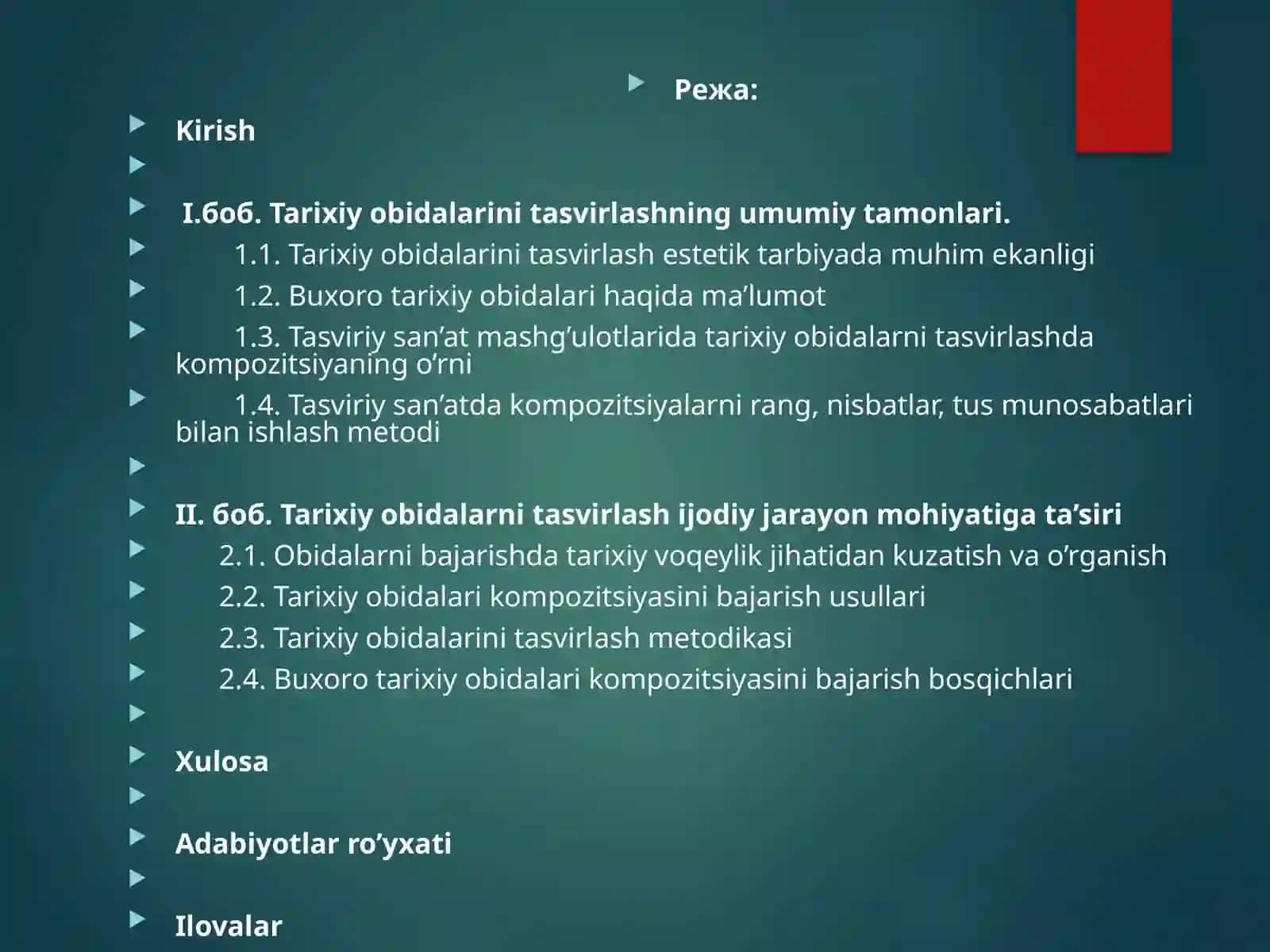 Tasviriy san’at mashg’ulotlarida tarixiy obidalarni tasvirlashga o’rgatish usullari.pptx 2