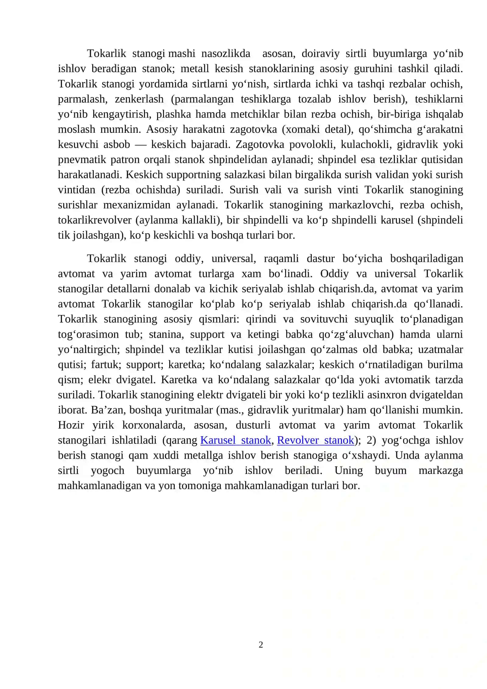 TOKARLIK STANOGINING TEXNIK TAVSIFLARINI ANIQLASH VA KINEMATIK SXEMASINI ISHLASH. 2