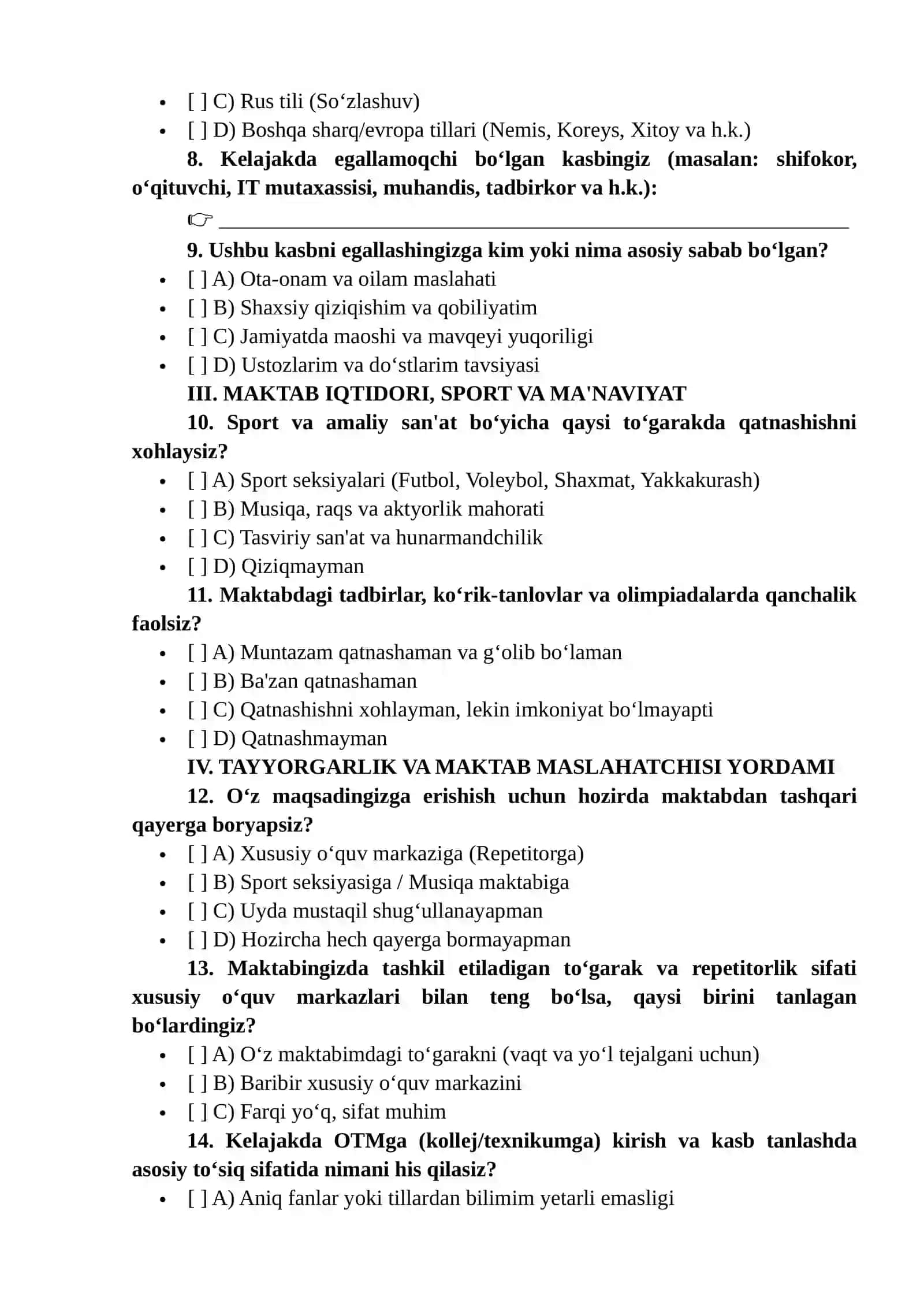 OʻQUVCHILARNING QIZIQISHLARI, TOʻGARAK FAOLIYATI VA KASBIY YOʻNALISHINI ANIQLASH SOʻROVNOMASI 2