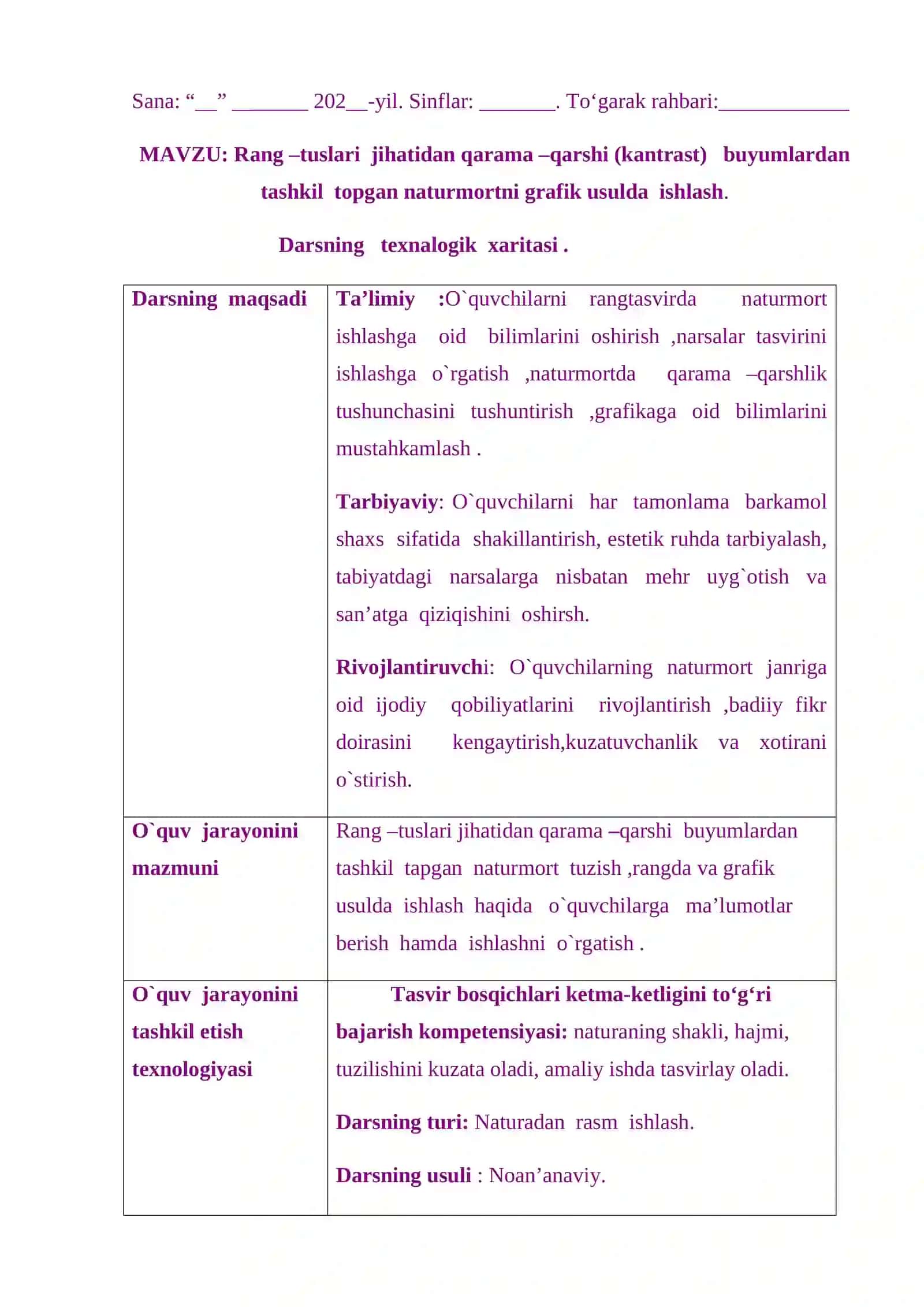 Rang –tuslari  jihatidan qarama –qarshi (kantrast)   buyumlardan tashkil  topgan naturmortni grafik usulda  ishlash. 2