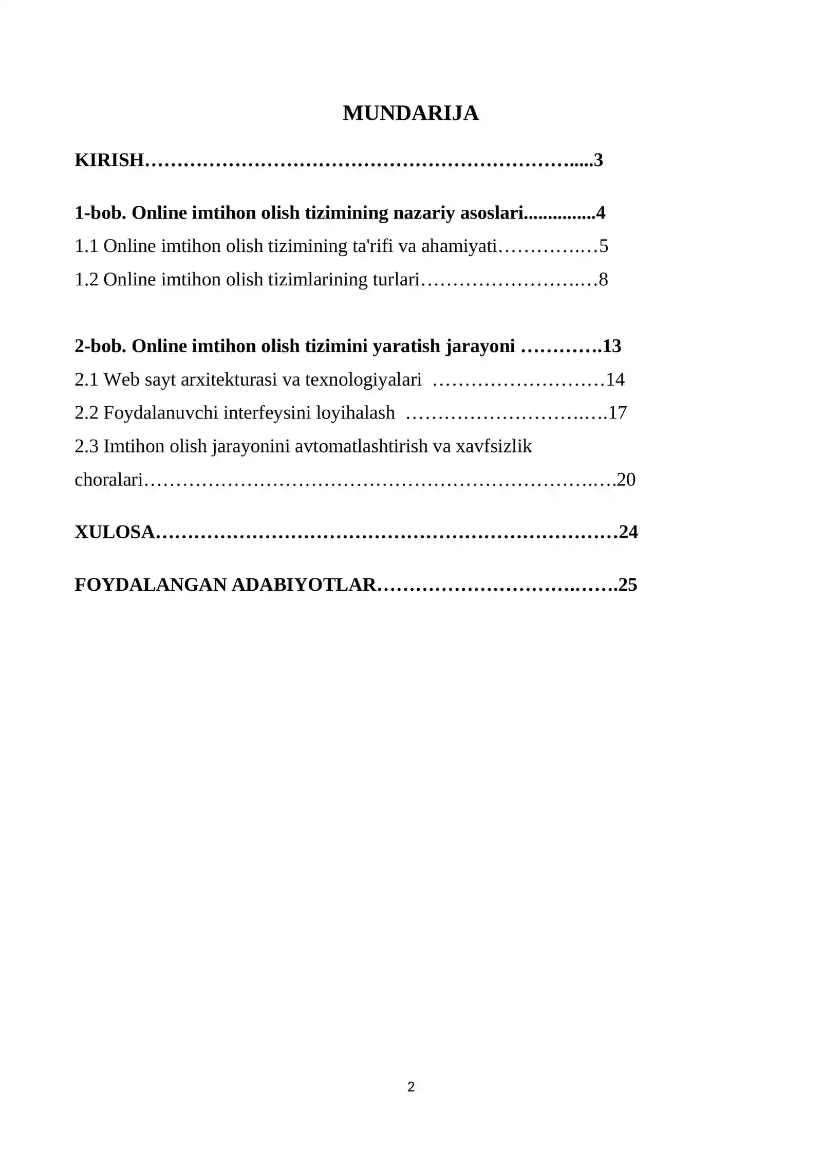 " Online imtihon olish tizimi web saytini yaratish" 2