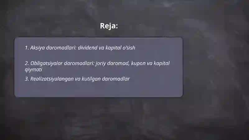 Aksiya va obligatsiyalar daromadlari va ularni tahlili 2
