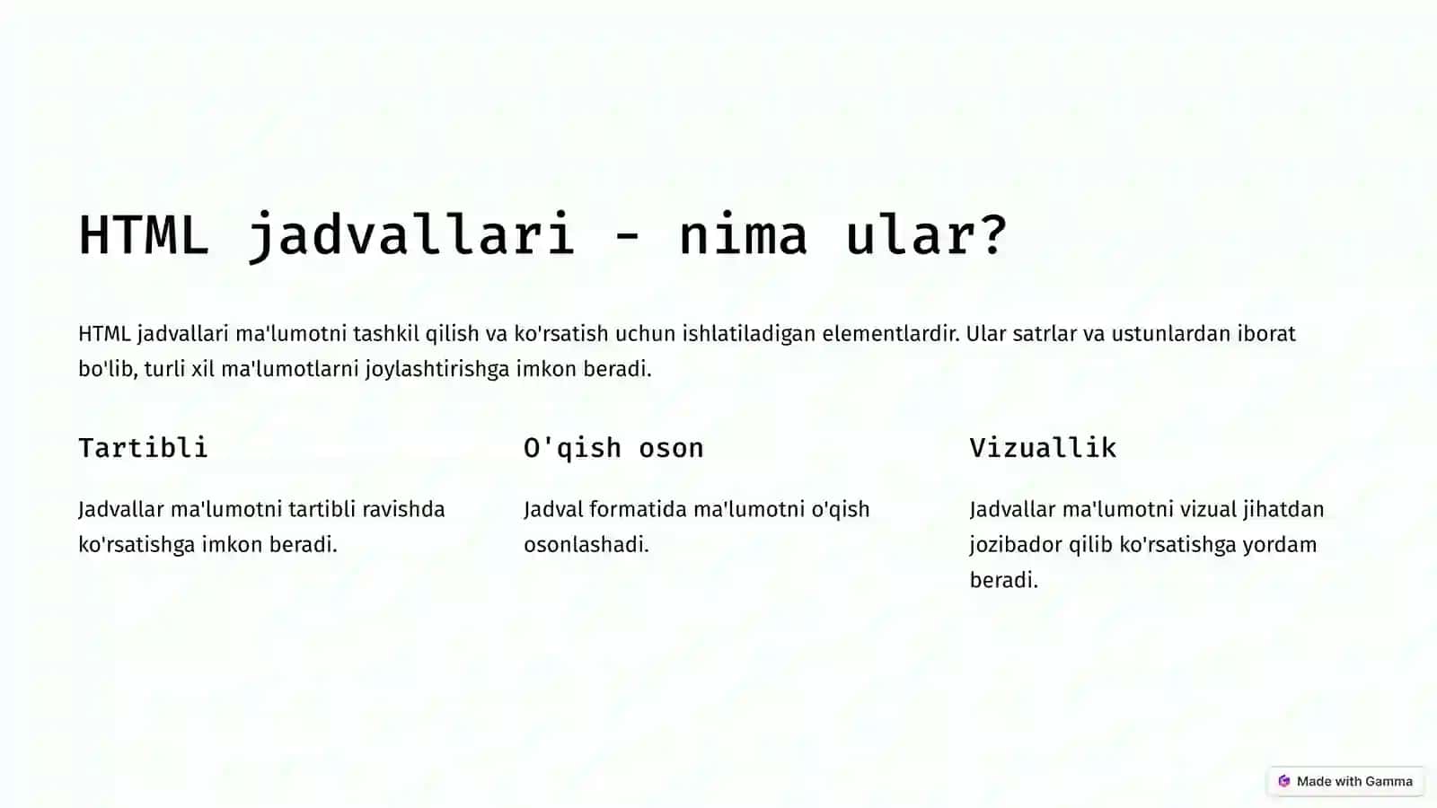 HTML jadvallari va ro'yxatlari 2
