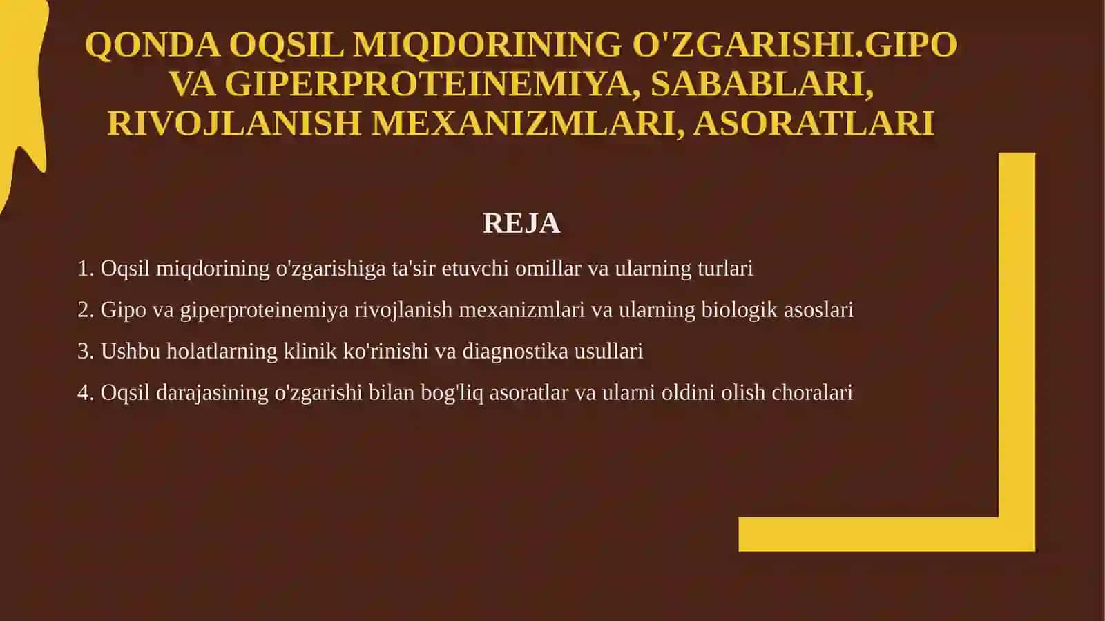 Qonda oqsil miqdorining o'zgarishi.Gipo va Giperproteinemiya, sabablari, rivojlanish mexanizmlari, asoratlari 2