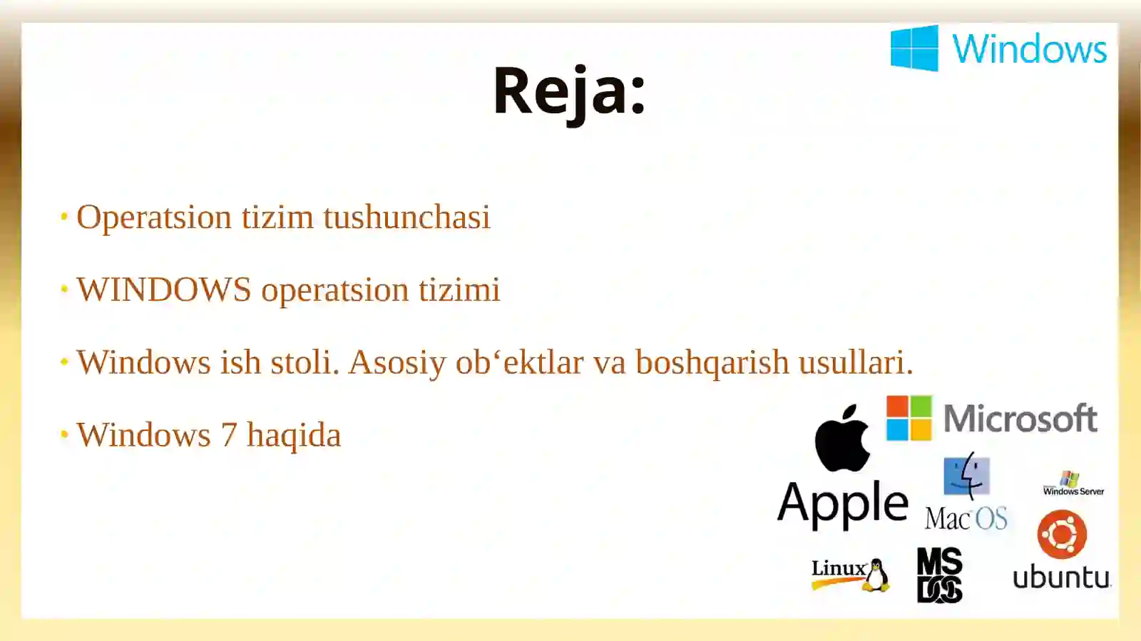 Kompyuterlarning operatsion tizimlari. Windows OT 2