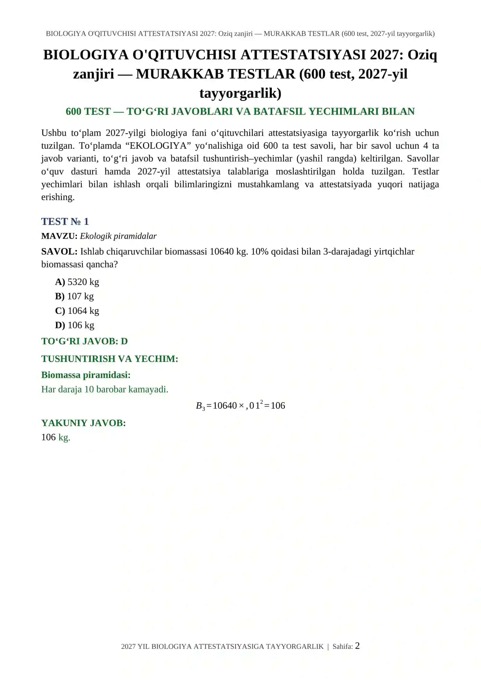 BIOLOGIYA O'QITUVCHISI ATTESTATSIYASI 2027: Oziq zanjiri — MURAKKAB TESTLAR (600 test, 2027-yil tayyorgarlik) 2