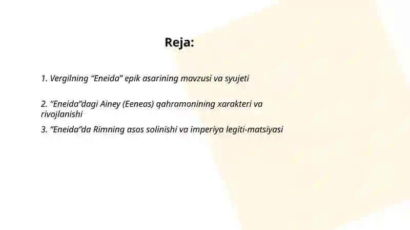 Qadimgi rim adabiyoti (Vergilining “Eneida” dostoni.Rim she’riyati,Imperiya davri Rim adabiyoti 2