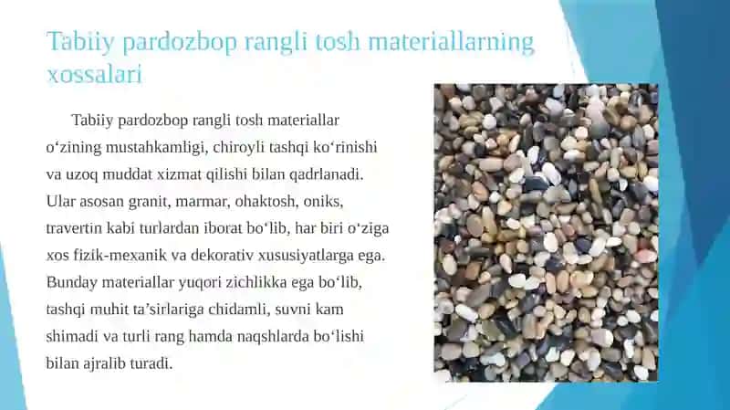 Tabiiy pardozbop rangli tosh materiallar xossalari, granit, marmar, granitga sayqal berish, marmarga sayqal berish, granitning turlari, marmarning turlari va ularning turlari 2