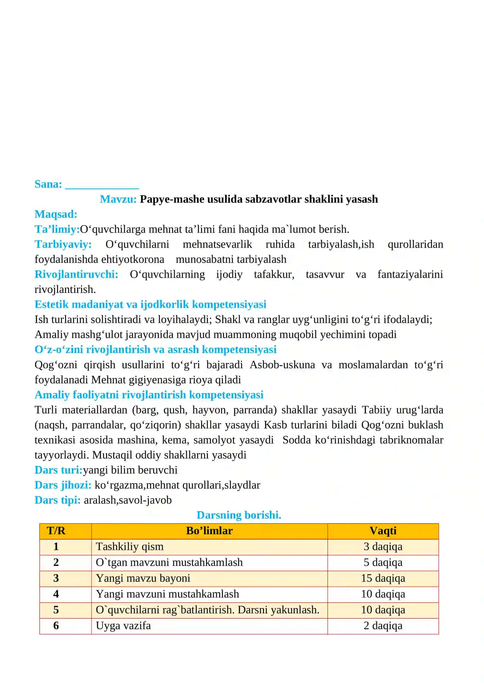 3-sinf Texnologiya fanidan Papye-mashe usulida sabzavotlar shaklini yasash dars ishlanma 2