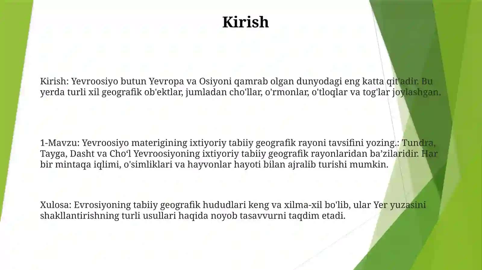 Yevroosiyo materigining ixtiyoriy tabiiy geografik rayoni tavsifi 2