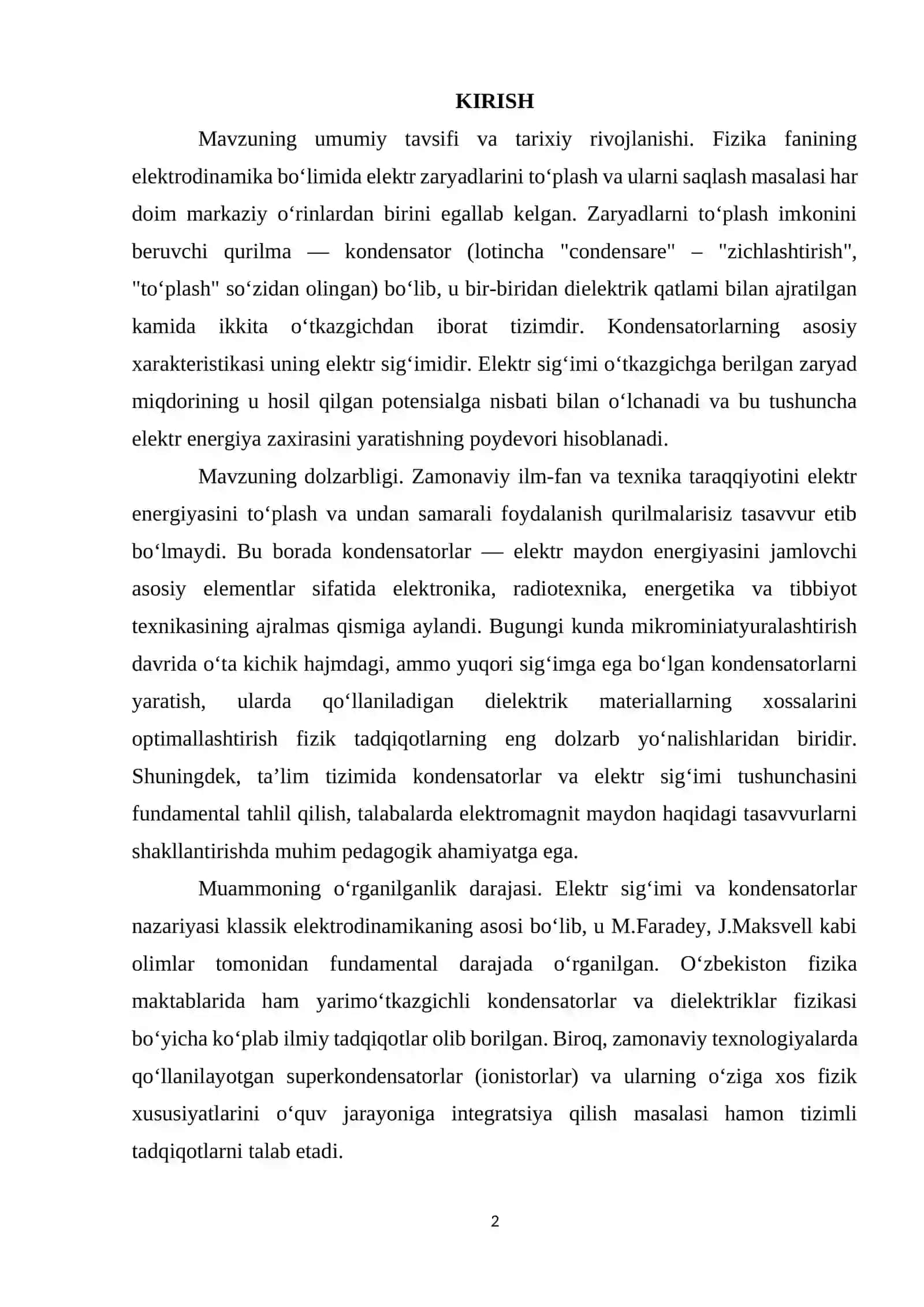 KONDENSATORLAR VA ULARNING ELEKTR SIG‘IMI MUNDARIJA VA ULARNING ELEKTR SIG‘IMI MUNDARIJA 2
