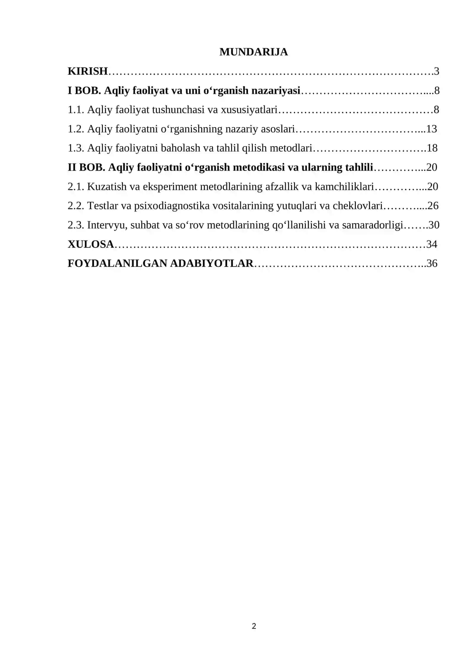 Aqliy faoliyatni o'rganish uchun metodikalar mavzusidagi kurs ishi 2