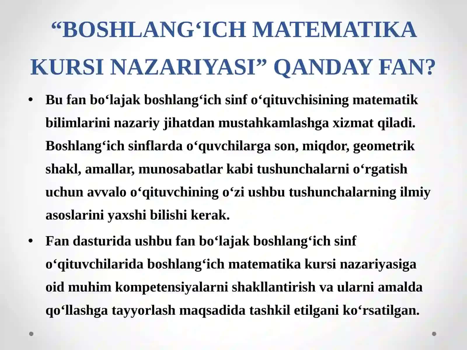 BOSHLANG‘ICH MATEMATIKA KURSI NAZARIYASI 2