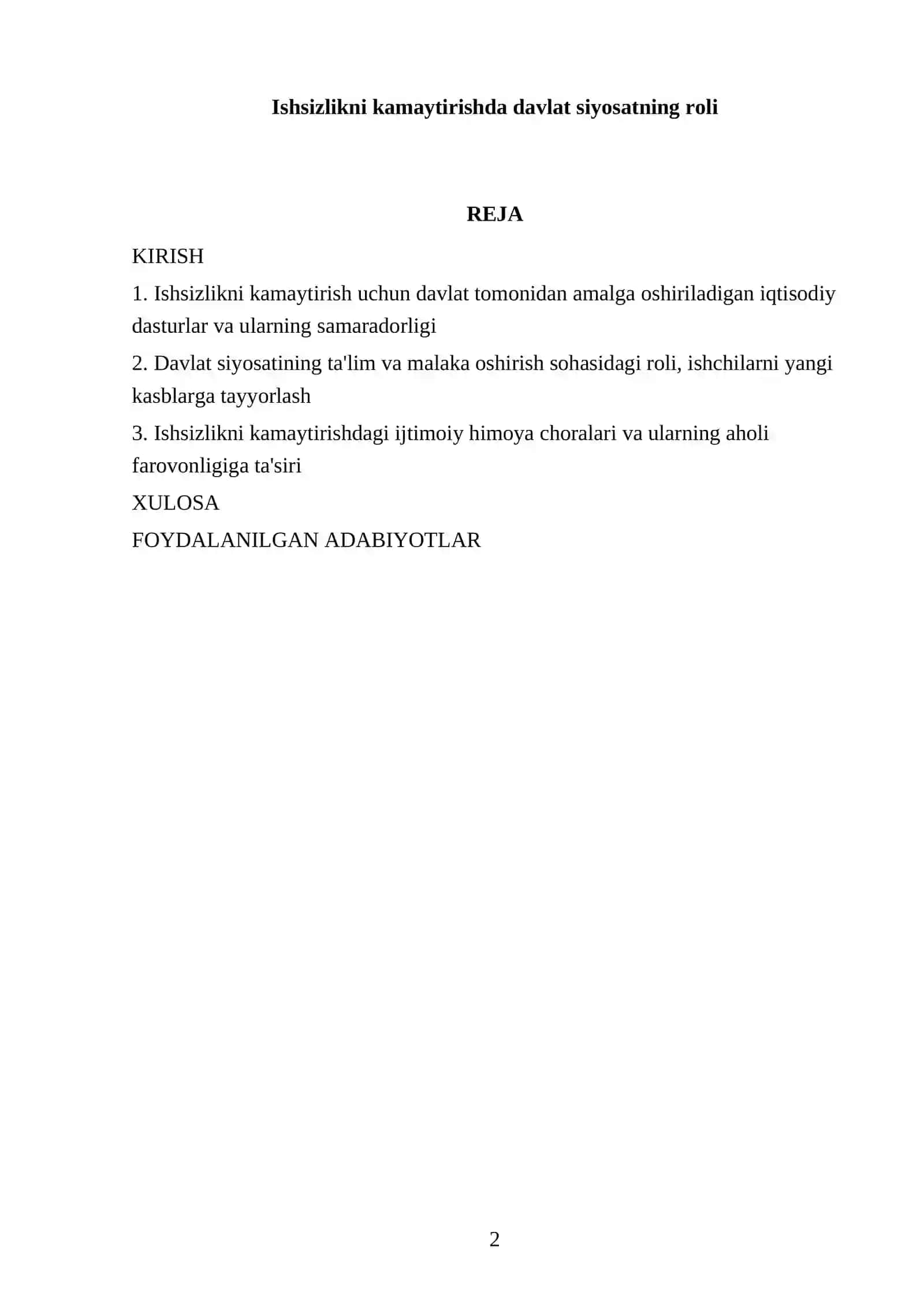 Ishsizlikni kamaytirishda davlat siyosatning roli 2