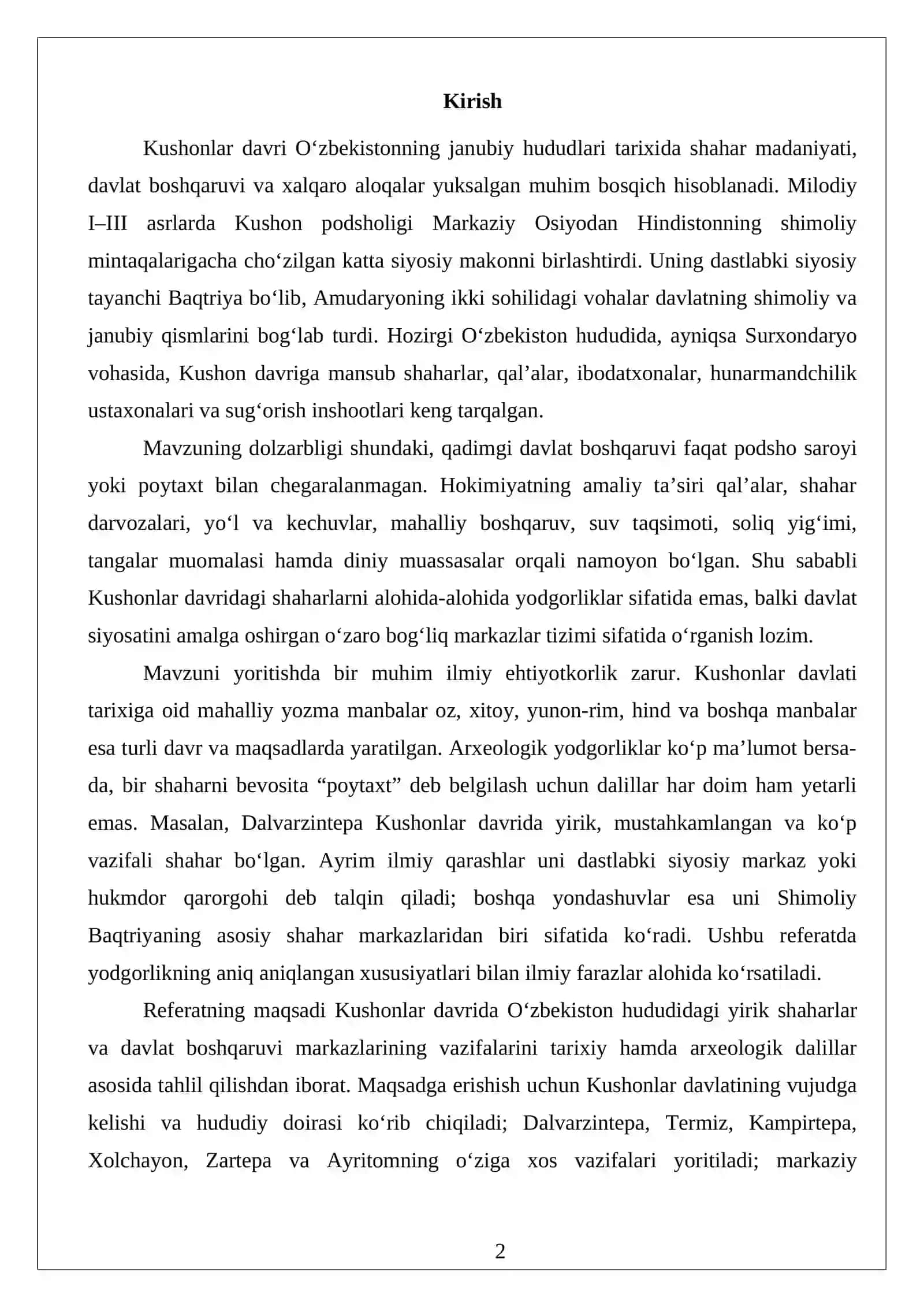 Kushonlar Davrida O‘zbekiston Hududidagi Shahrlar va Davlat Boshqaruvlari 2