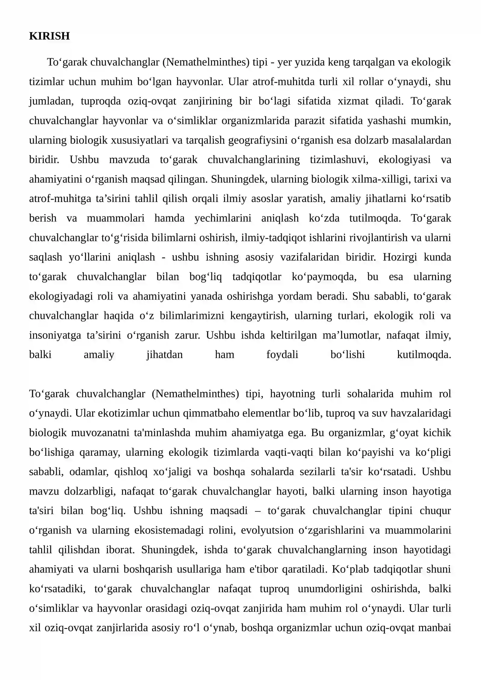 To‘garak chuvalchanglar (Nemathelminthes) tipiREJA 2