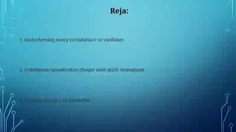 O'zbekiston iqtisodiyotida islohotlarni chuqurlashtirish bo'yicha rivojlanish strategiyasi 2