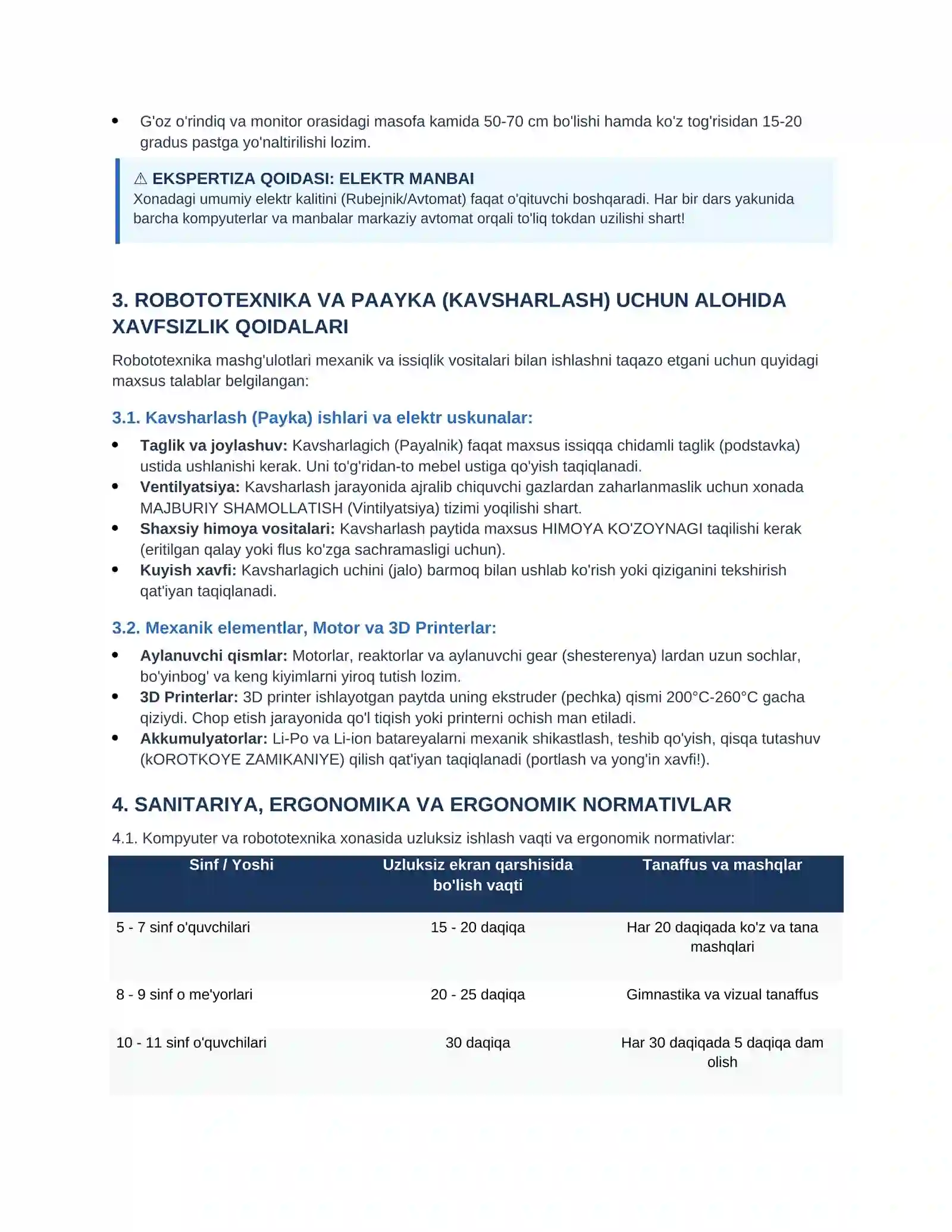 Texnika xavfsizligi qoidalari (Informatika, robototexnika va fizika laboratoriya xonalari uchun) 2