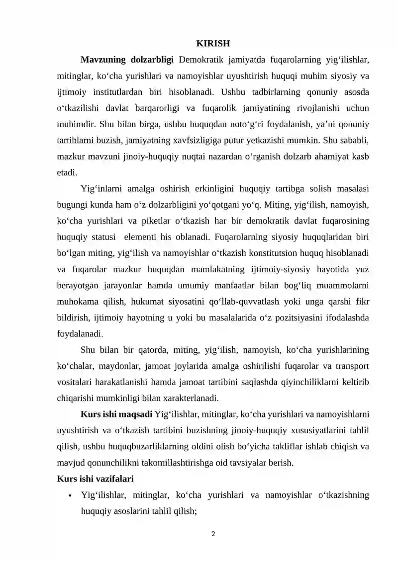 YIG‘ILISHLAR, MITINGLAR, KO‘CHA YURISHLARI YOKI NAMOYISHLAR UYUSHTIRISH, O‘TKAZISH TARTIBINI BUZISHNING JINOIY-HUQUQIY XUSUSIYATLARI 2