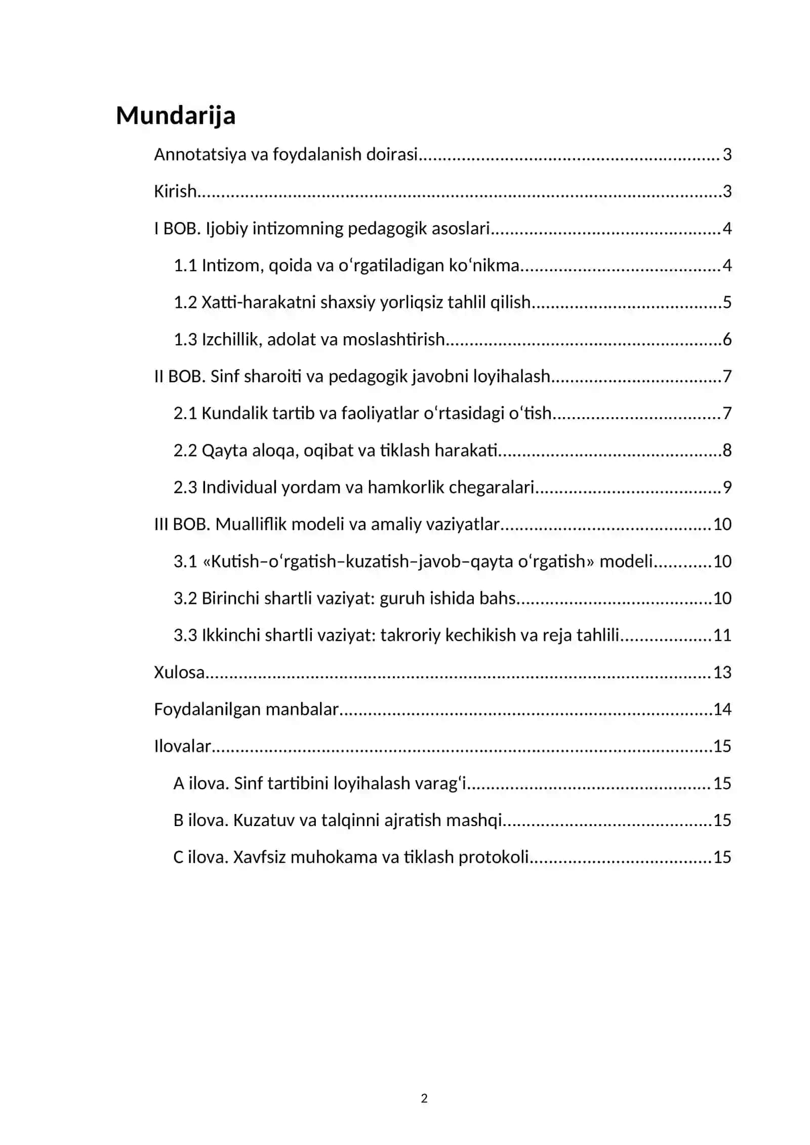 Sinf boshqaruvida ijobiy intizomni tashkil etish — kurs ishi namunasi 2