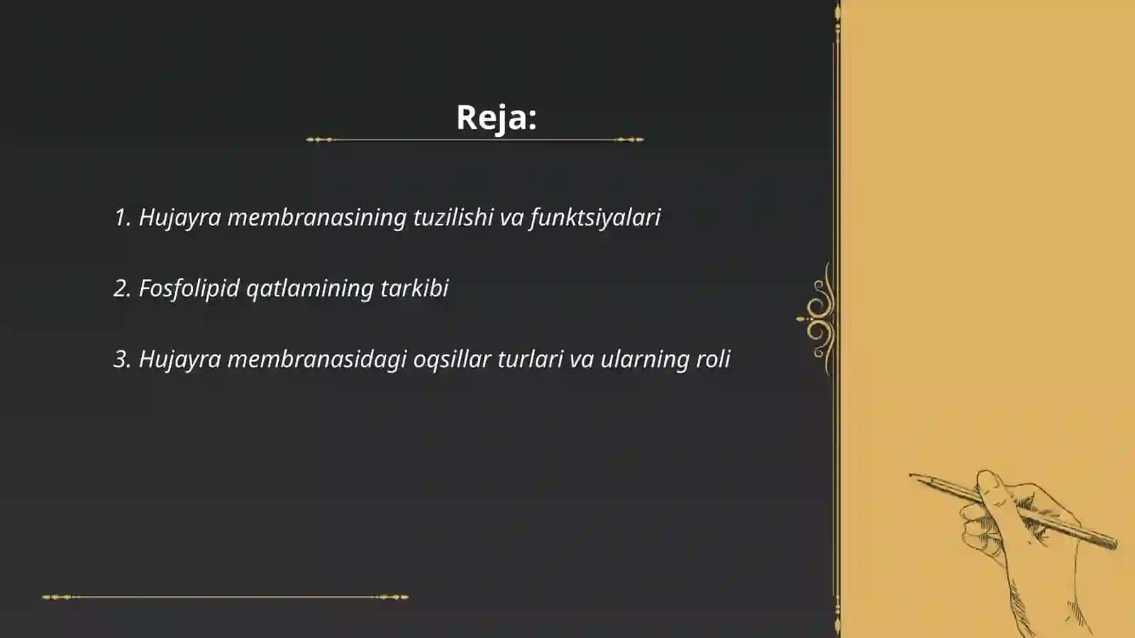Hujayraning har bir kampanenti har bir membrananing tuzulishi tarkibi funksiyasi va ularda kechadigan biokimyoviy o'zgarishlar 2